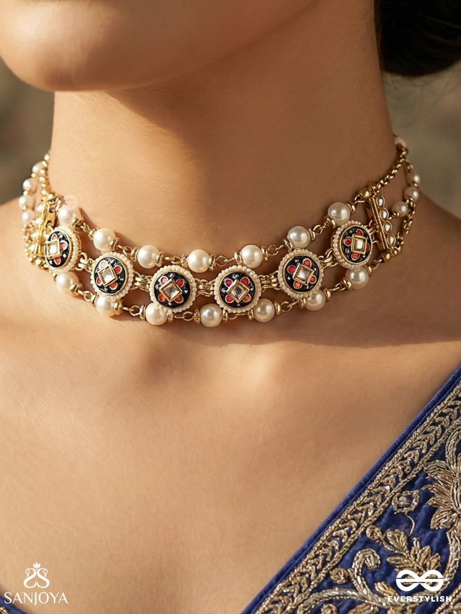 Kanchana Lahari - Golden Wave - Statement Kundan Choker With Pearl And Golden-Tinted Beaded Drops
