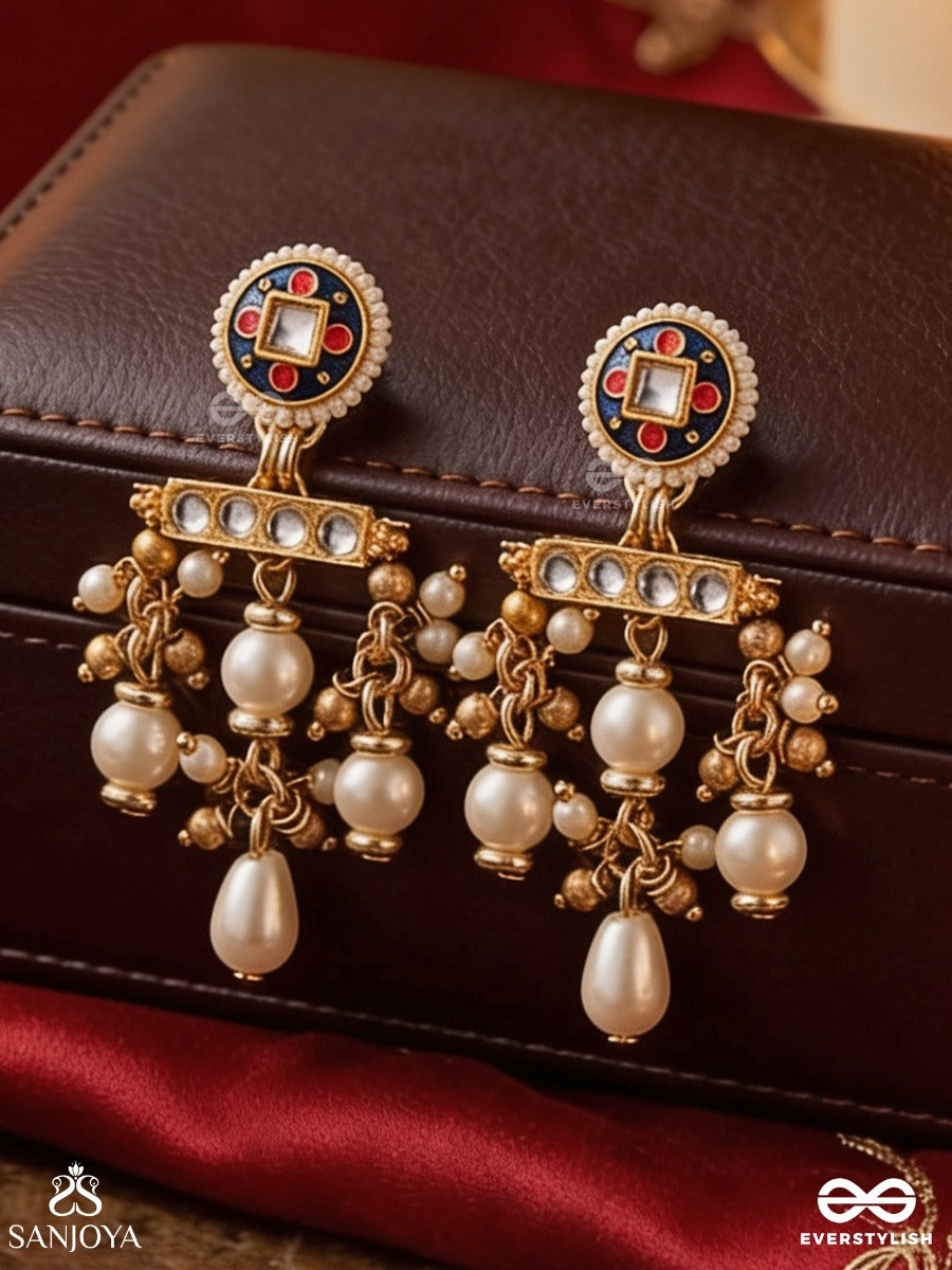 Kanchana Lahari - Golden Wave - Statement Kundan Earring With Pearl And Golden-Tinted Beaded Drops