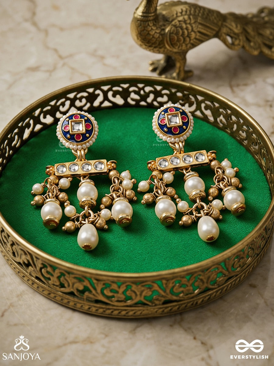 Kanchana Lahari - Golden Wave - Statement Kundan Earring With Pearl And Golden-Tinted Beaded Drops
