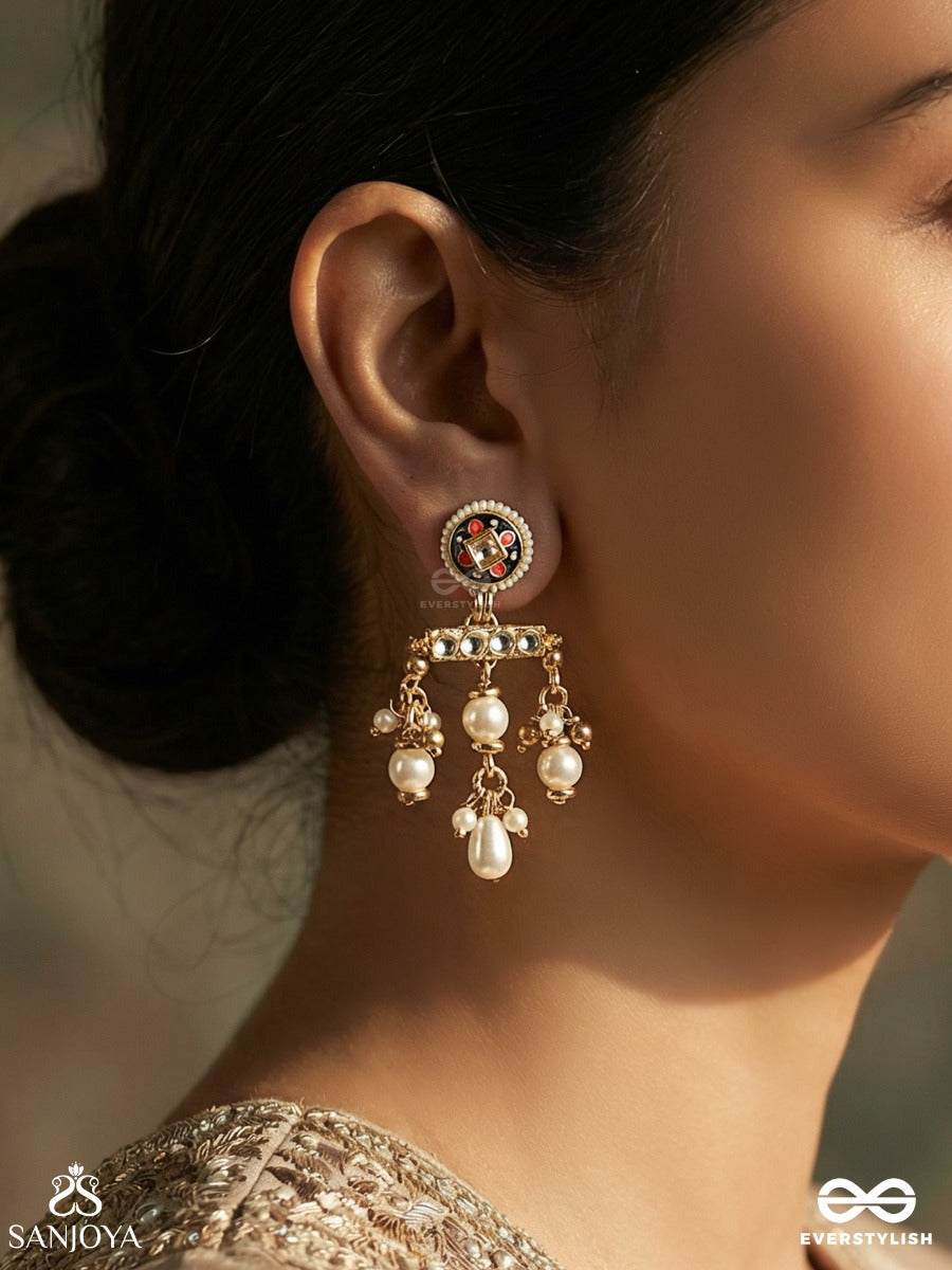Kanchana Lahari - Golden Wave - Statement Kundan Earring With Pearl And Golden-Tinted Beaded Drops