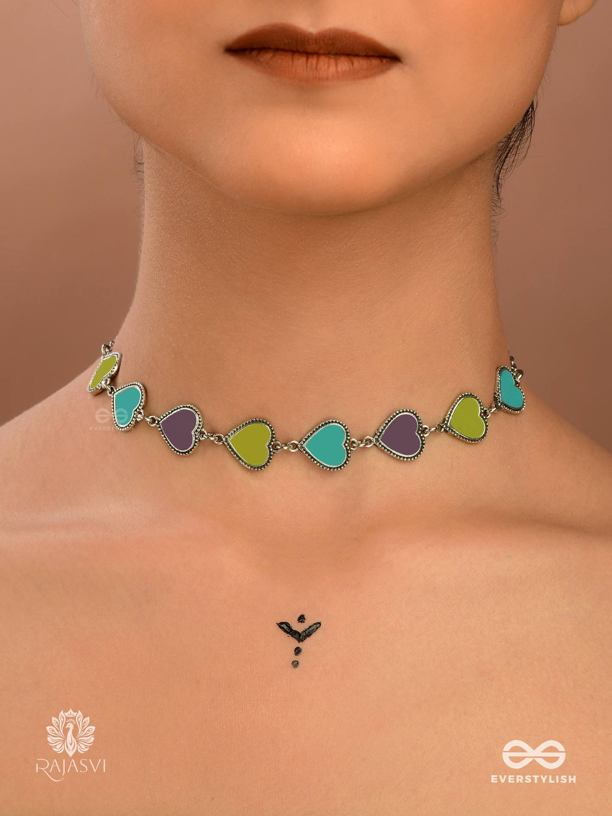Loveloop - Oxidised Choker With Pastel Hearts