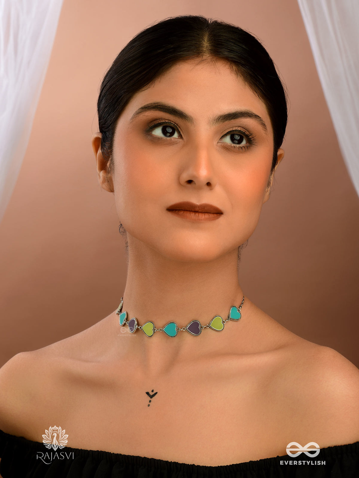 Loveloop - Oxidised Choker With Pastel Hearts