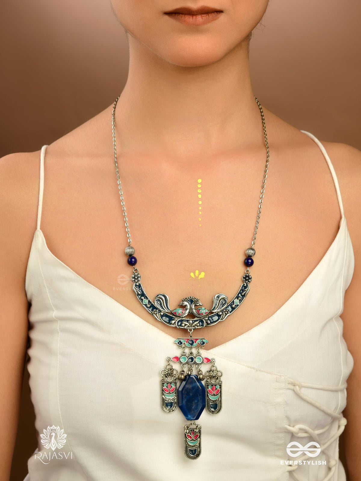 Moon Dusk - Enamelled Oxidised Necklace With Engraved Charms