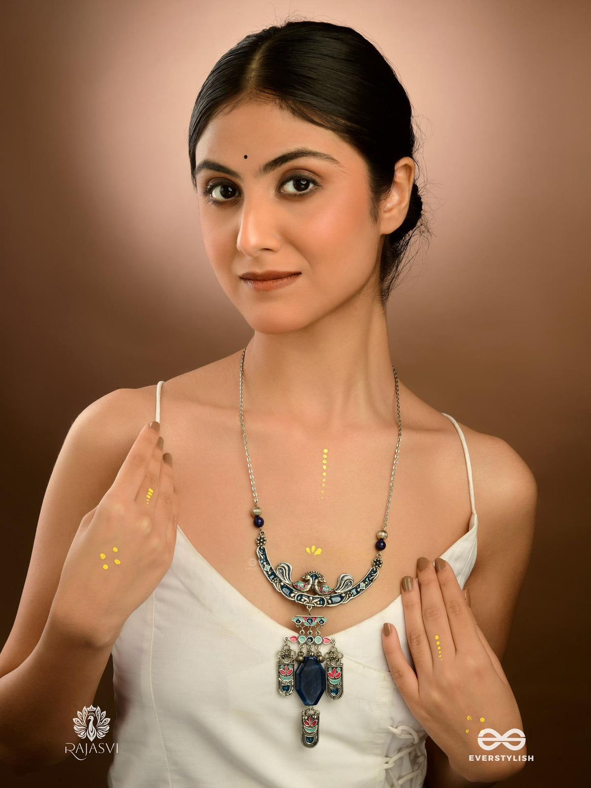 Moon Dusk - Enamelled Oxidised Necklace With Engraved Charms