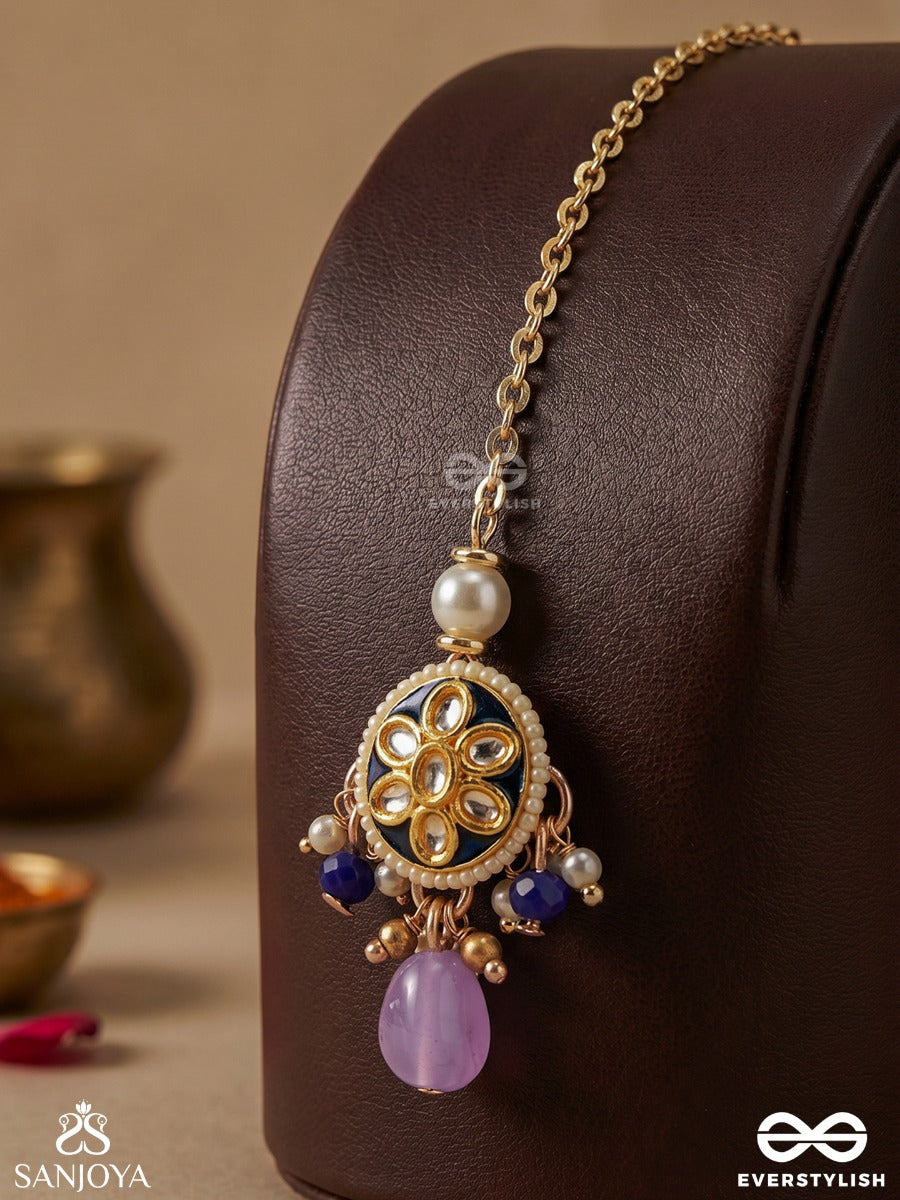 Mrigika - Soft Beauty - Gold Teardrop Maangtika Charm With Lavender Drops