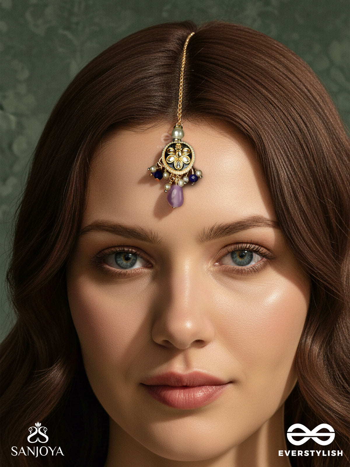 Mrigika - Soft Beauty - Gold Teardrop Maangtika Charm With Lavender Drops