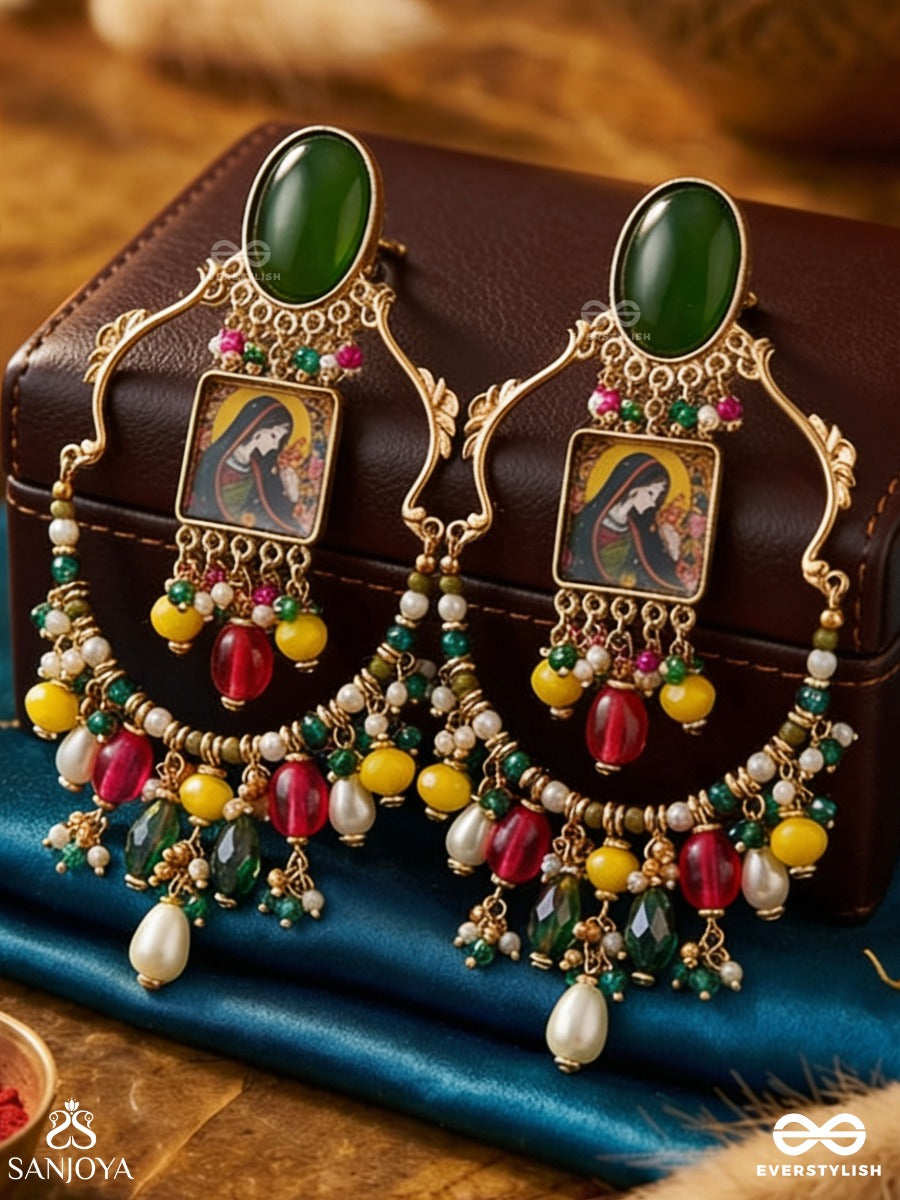 Chitrangi - Vivid Hues - Grand Temple-Inspired Earrings With Coloured Stone Accents, Bead Hangings And A Pearl Drop