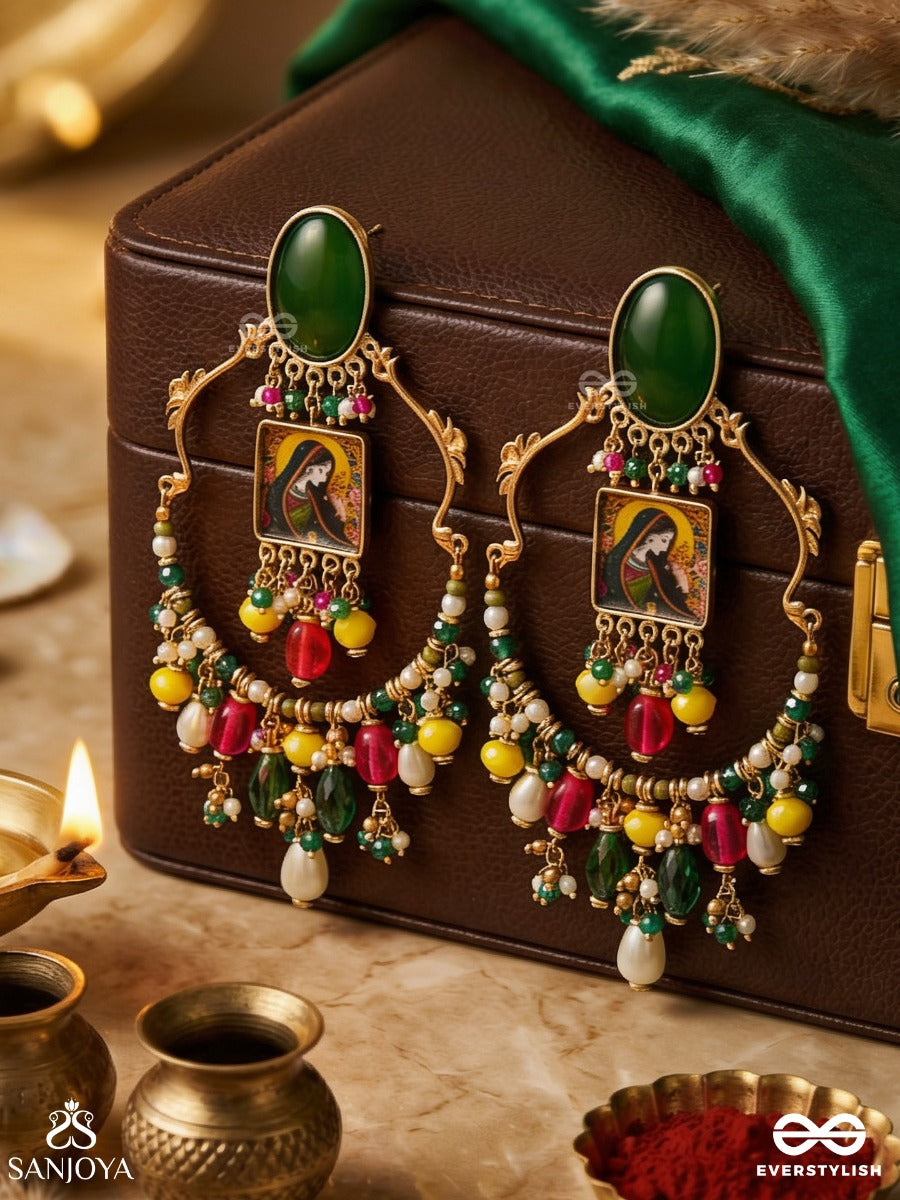 Chitrangi - Vivid Hues - Grand Temple-Inspired Earrings With Coloured Stone Accents, Bead Hangings And A Pearl Drop
