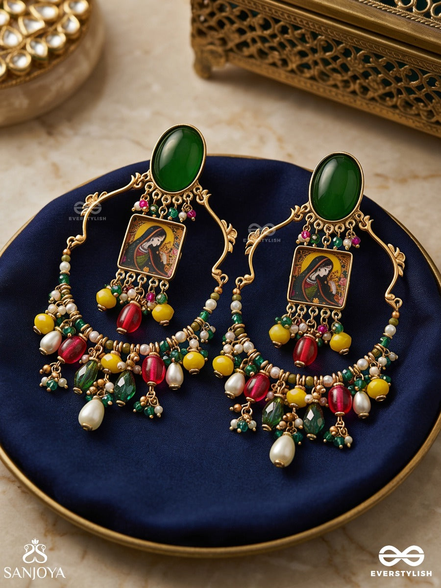 Chitrangi - Vivid Hues - Grand Temple-Inspired Earrings With Coloured Stone Accents, Bead Hangings And A Pearl Drop