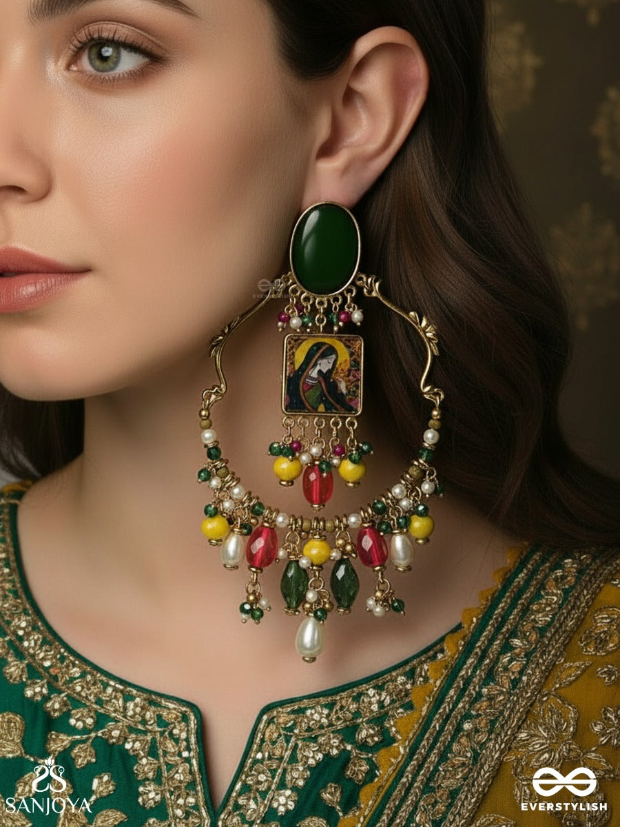 Chitrangi - Vivid Hues - Grand Temple-Inspired Earrings With Coloured Stone Accents, Bead Hangings And A Pearl Drop