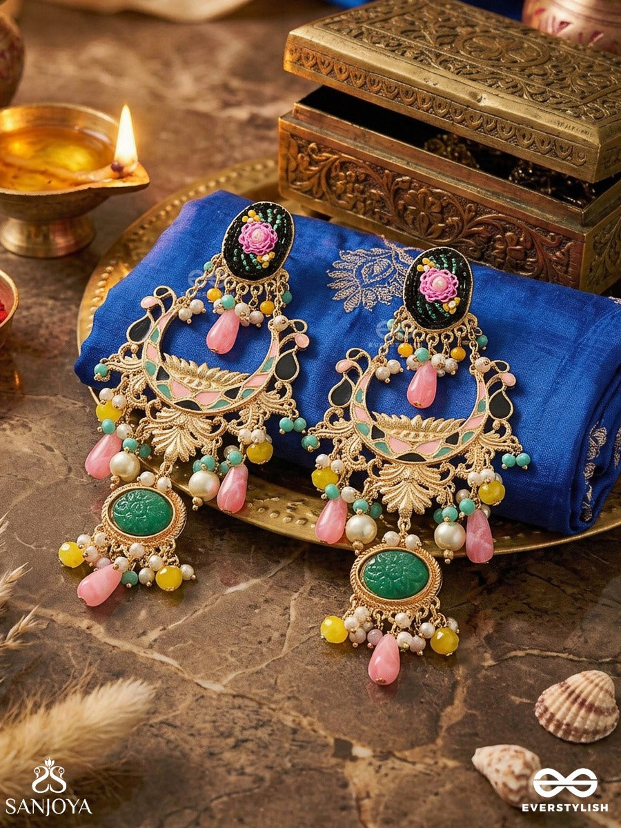 Pushkalaa - Abundance In Bloom - Statement Earrings With Floral Enamel Detail, Jade-Tone Elements And Soft Peach Drops