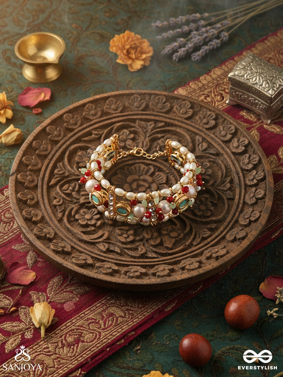 Rangvasant - Colours Of Spring - Linked Bracelet With Red Enamel Panels, Mint Stone Accents And Pearl Clusters