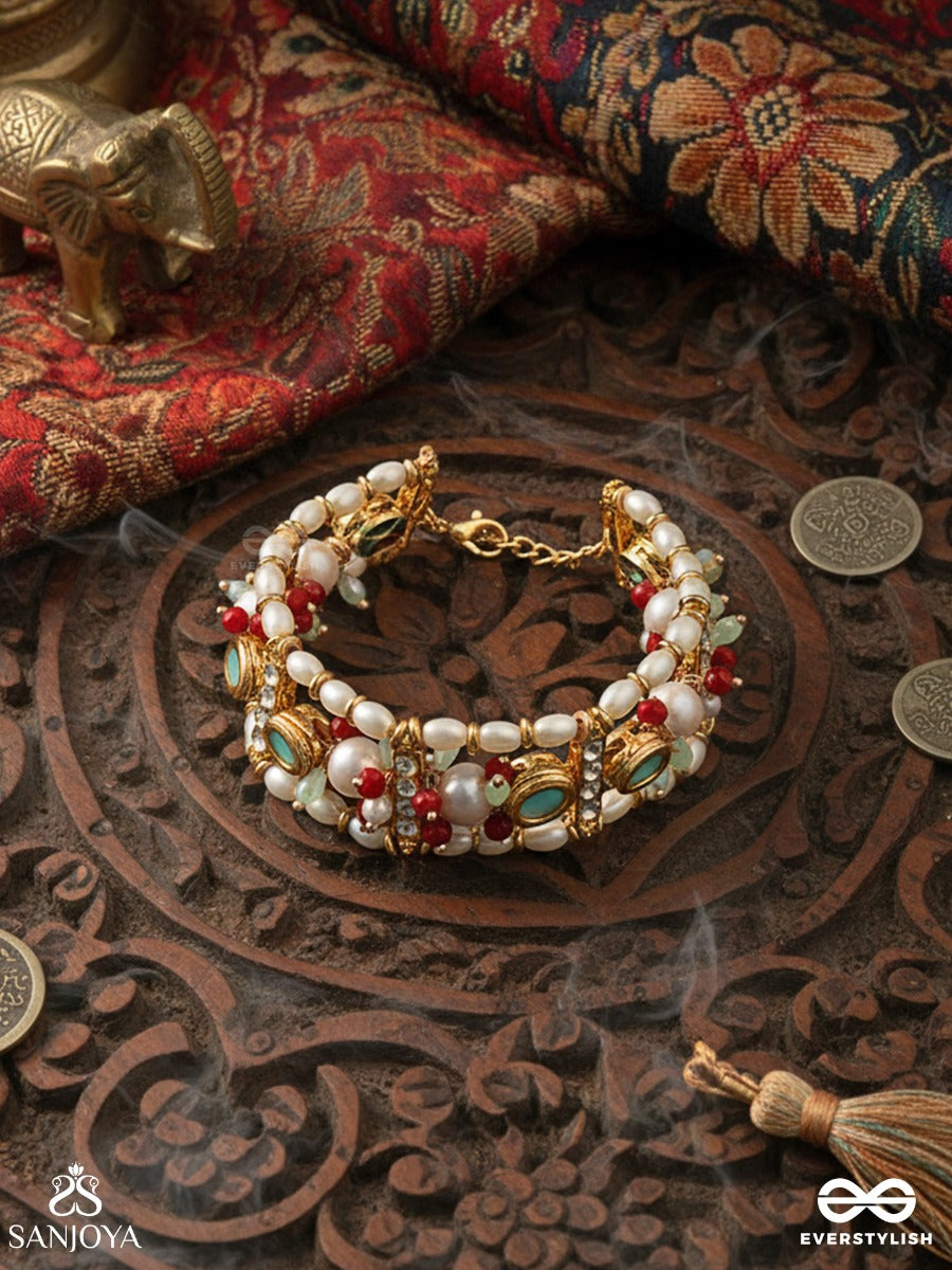 Rangvasant - Colours Of Spring - Linked Bracelet With Red Enamel Panels, Mint Stone Accents And Pearl Clusters