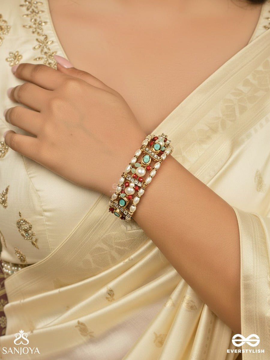 Rangvasant - Colours Of Spring - Linked Bracelet With Red Enamel Panels, Mint Stone Accents And Pearl Clusters