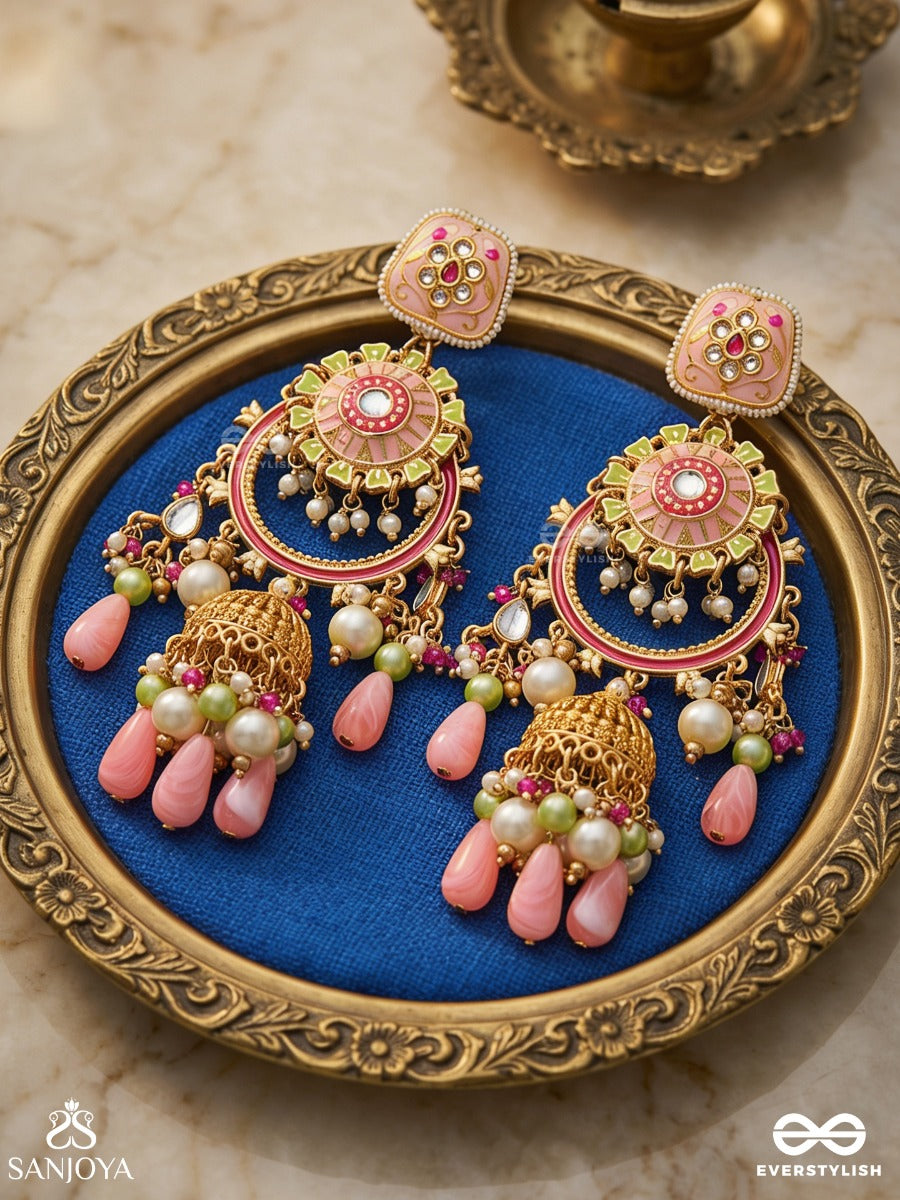 Padmrekha - Outline Of The Lotus - Ornamental Earrings With Floral Enamel Work, Peach Multi-Hanging Bead Details And A Classic Jhumka Form