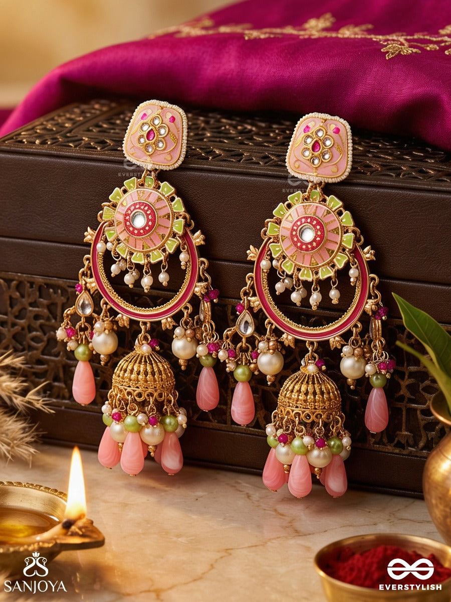 Padmrekha - Outline Of The Lotus - Ornamental Earrings With Floral Enamel Work, Peach Multi-Hanging Bead Details And A Classic Jhumka Form