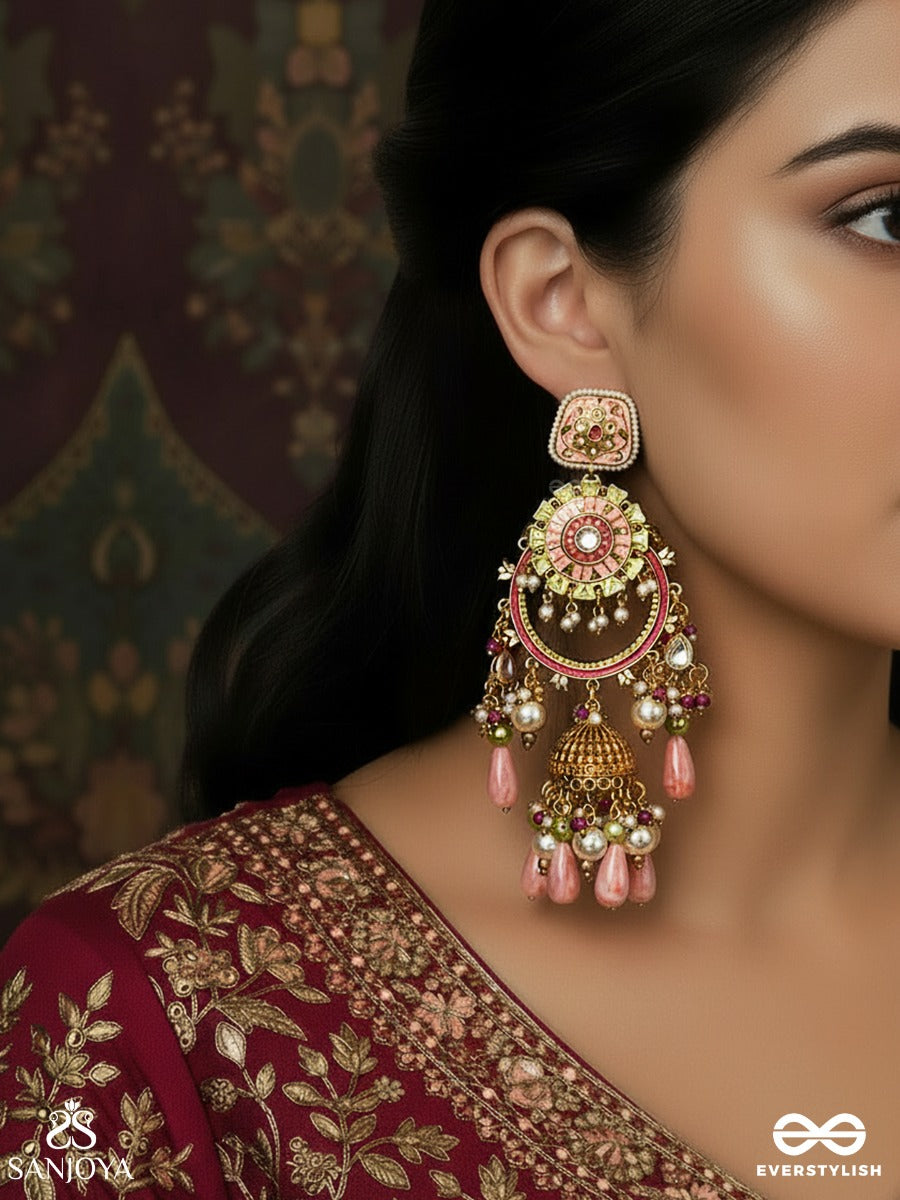 Padmrekha - Outline Of The Lotus - Ornamental Earrings With Floral Enamel Work, Peach Multi-Hanging Bead Details And A Classic Jhumka Form