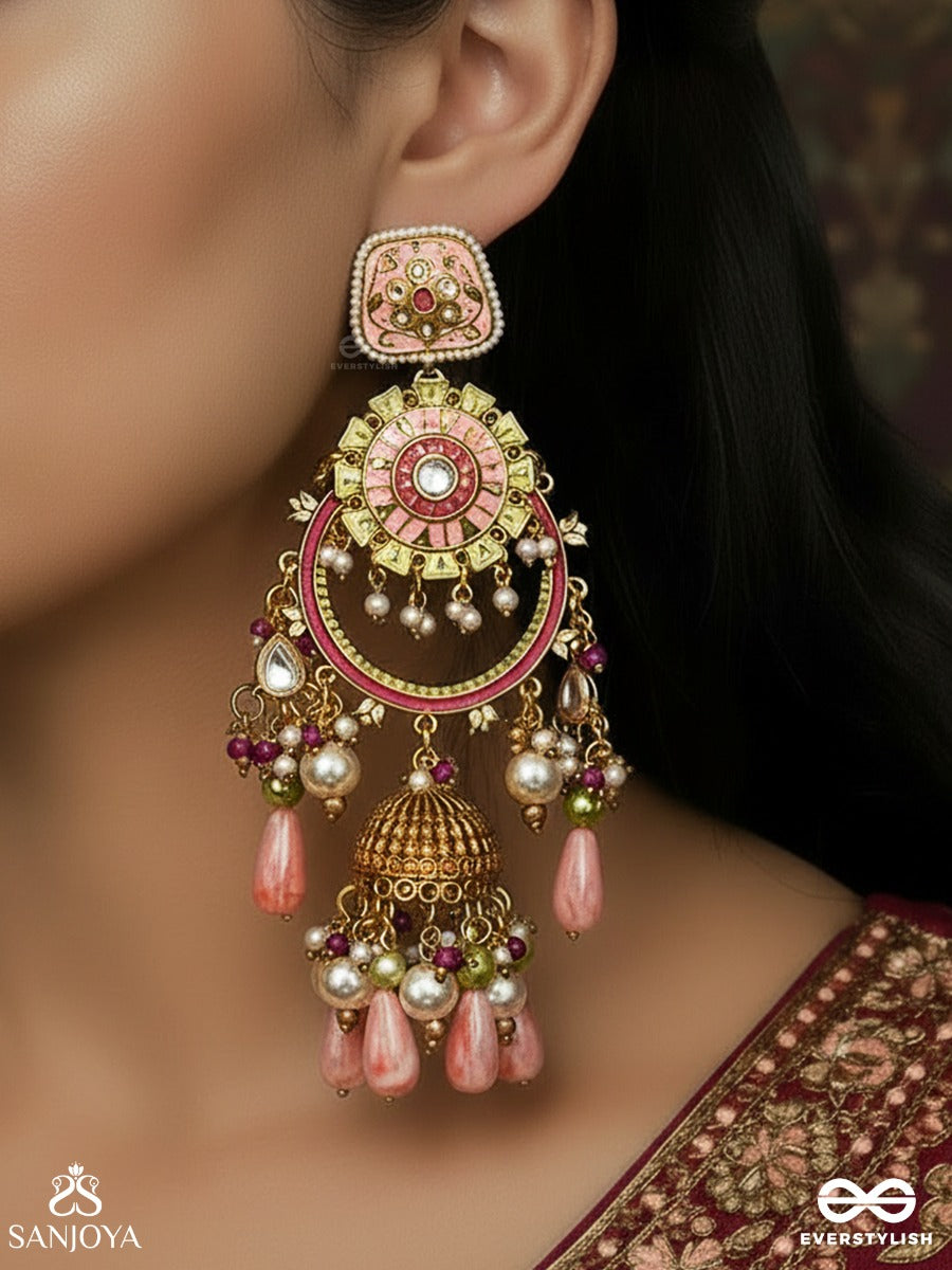 Padmrekha - Outline Of The Lotus - Ornamental Earrings With Floral Enamel Work, Peach Multi-Hanging Bead Details And A Classic Jhumka Form