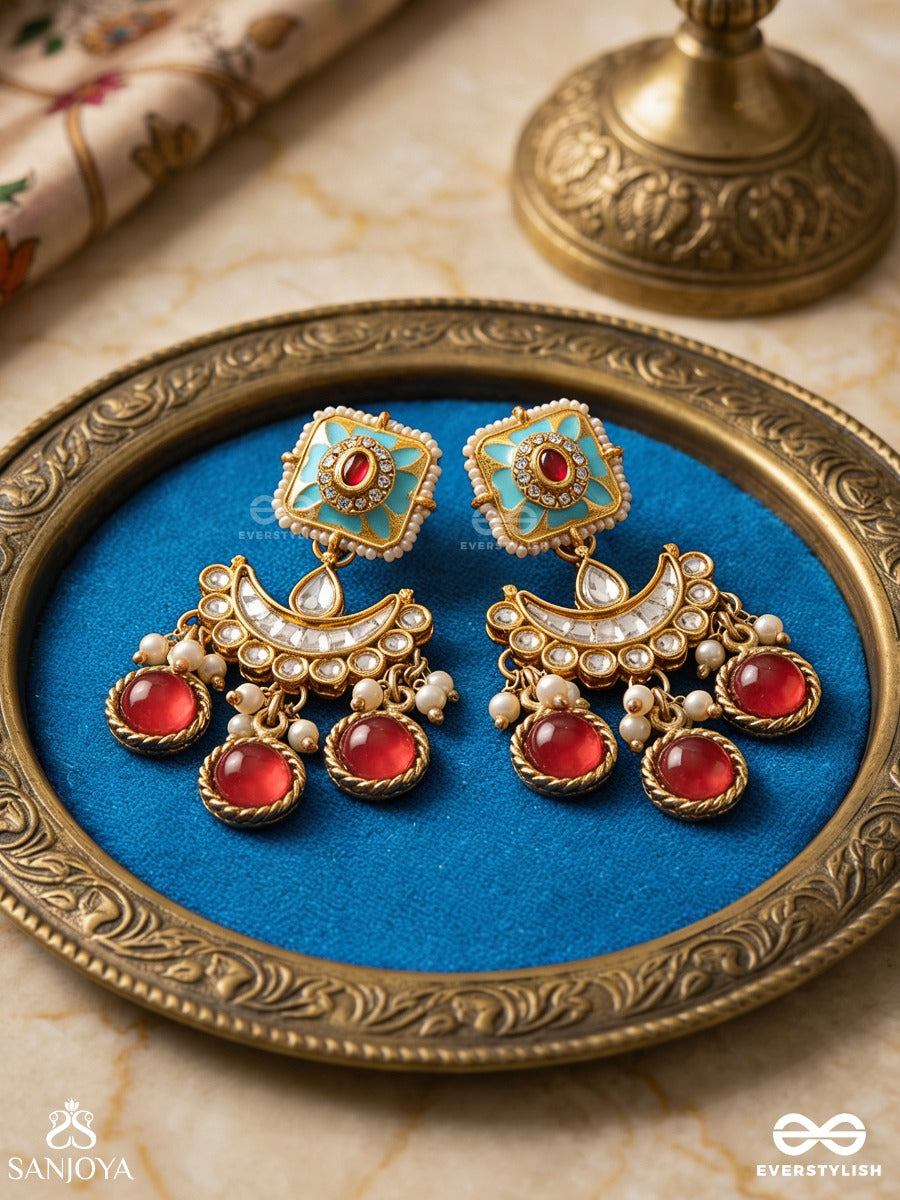 Ratnavalli-Garland Of Gems - Golden Enamel Charm Earrings With Turquoise Center And Red Triple Drops