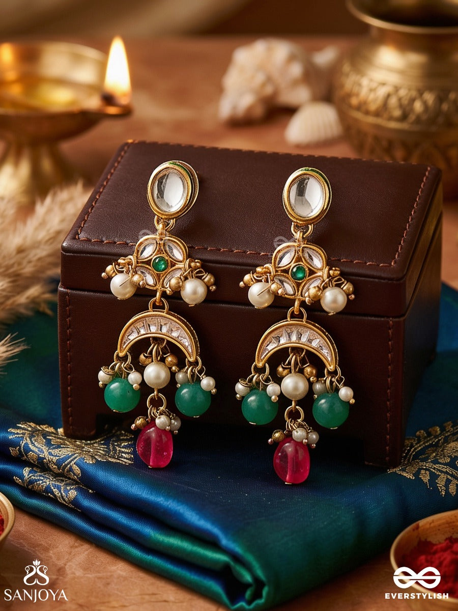 Shubhangi - Auspicious Beauty - Delicate Golden Earrings With Pearls, Emerald Beads And Magenta Drop