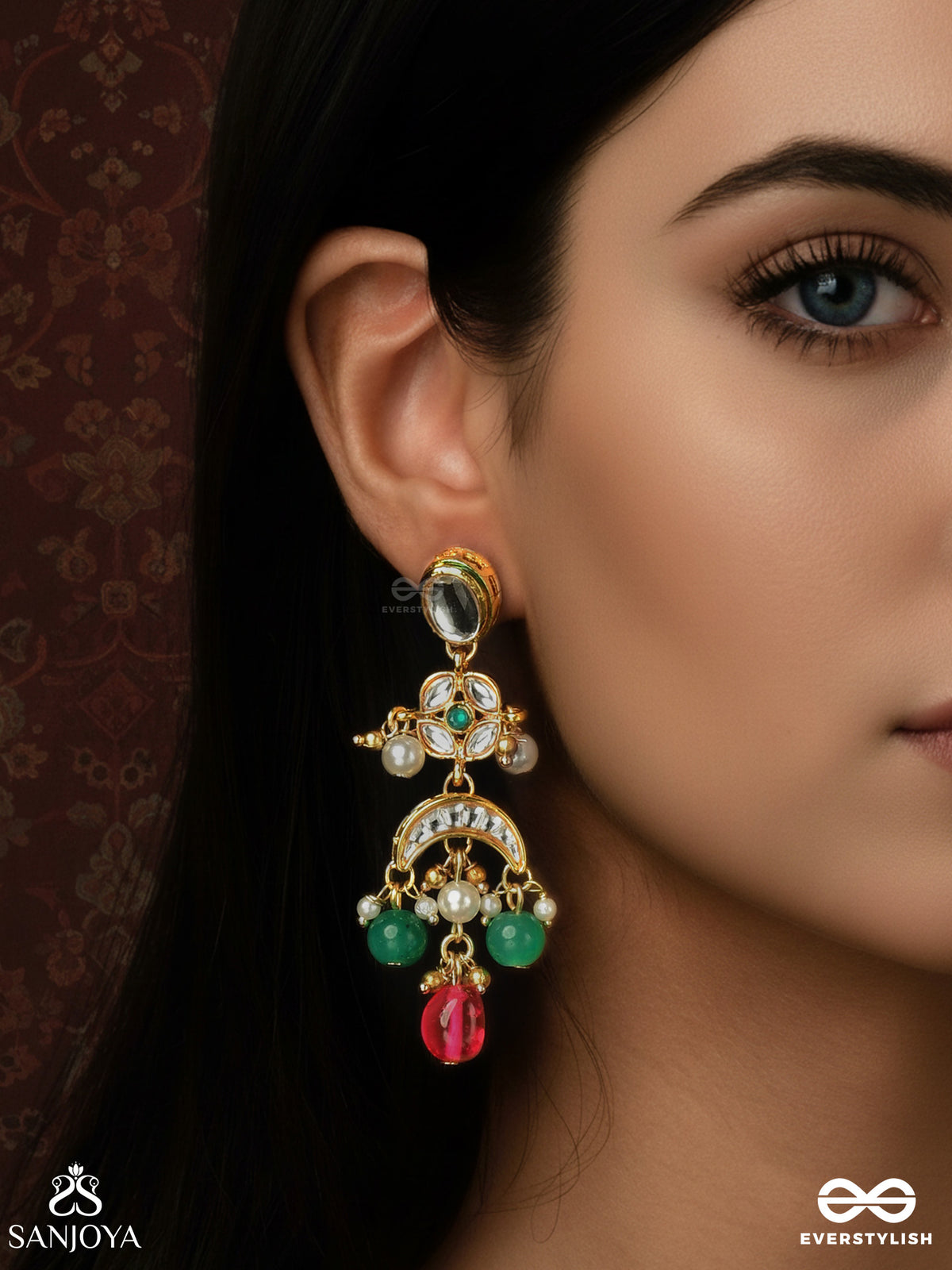 Shubhangi - Auspicious Beauty - Delicate Golden Earrings With Pearls, Emerald Beads And Magenta Drop