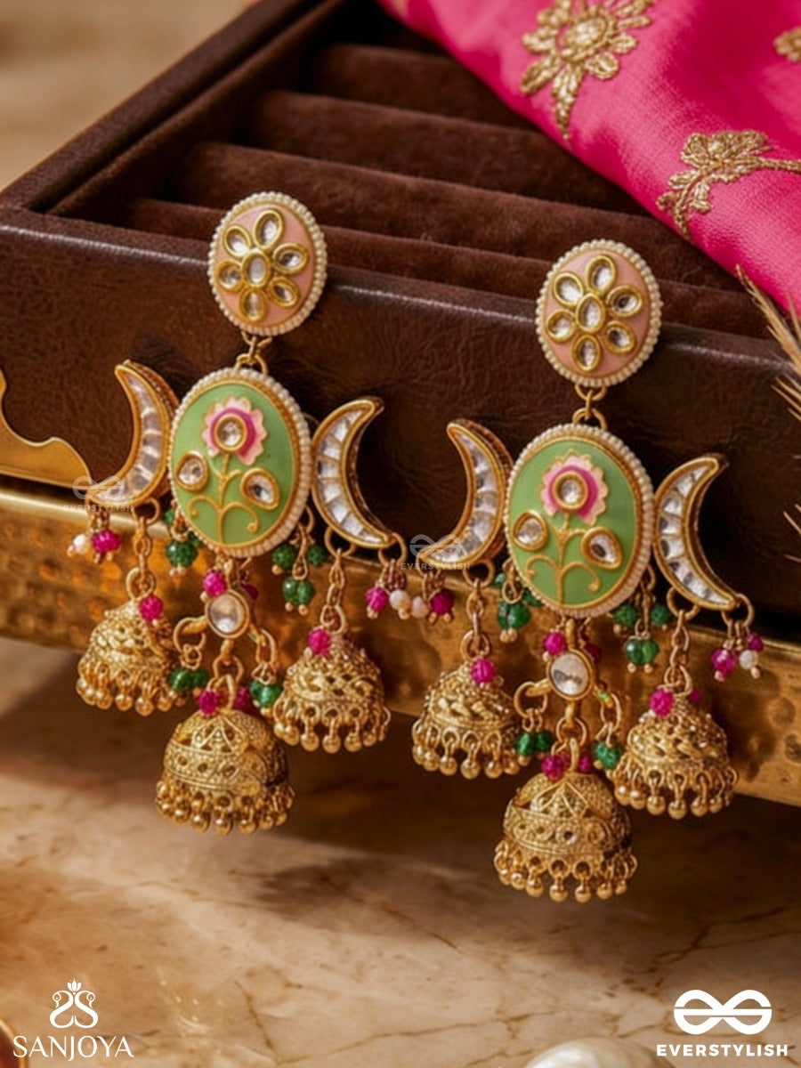 Kalanidhi - Treasure Of Art - Ornate Crescent Gold Drop Earrings With Enamel And Triple Bells