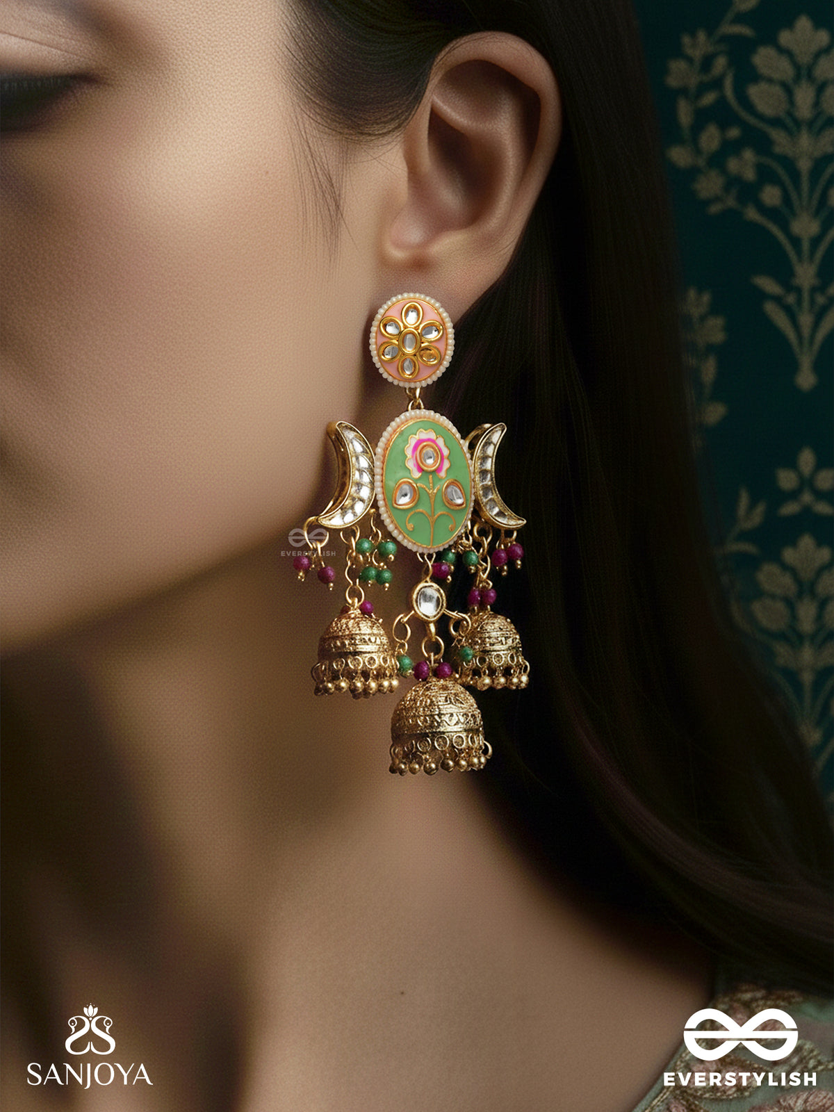 Kalanidhi - Treasure Of Art - Ornate Crescent Gold Drop Earrings With Enamel And Triple Bells