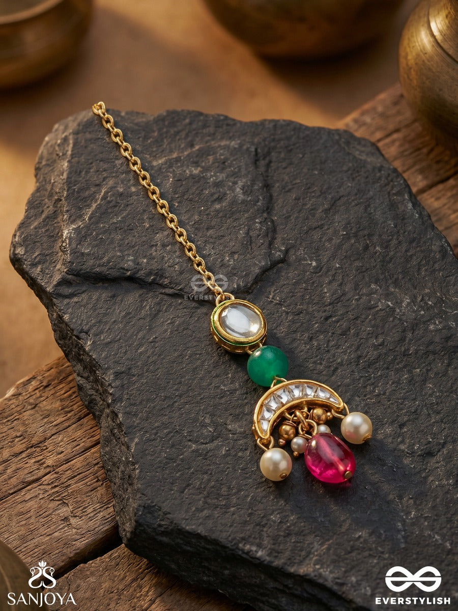 Sugandhika - Fragrant Bloom - Golden Charm Maangtika With Green Bead And Bright Pink Droplet
