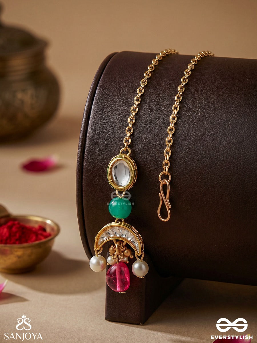 Sugandhika - Fragrant Bloom - Golden Charm Maangtika With Green Bead And Bright Pink Droplet