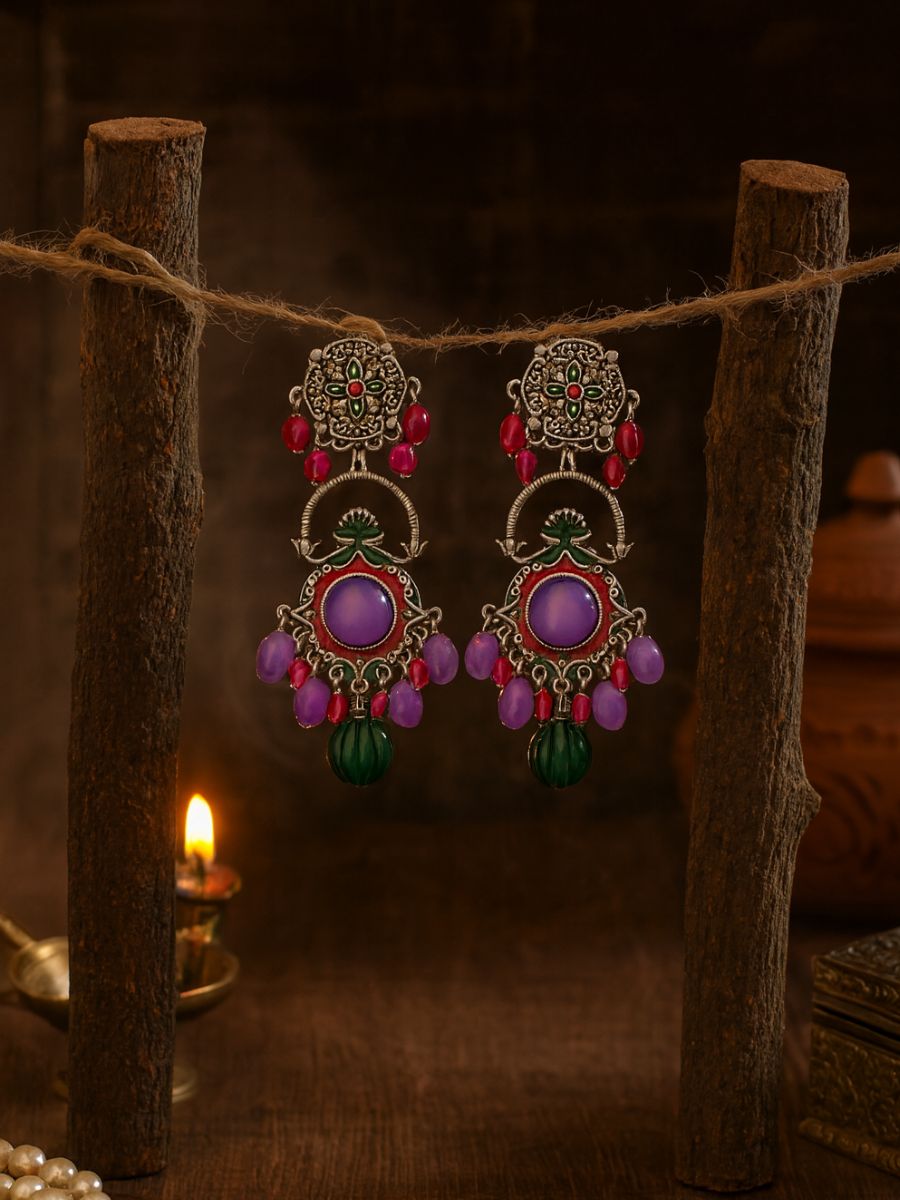 Mandala Bloom - Artistic Folk Oxidised Jodhpuri Jhumkas
