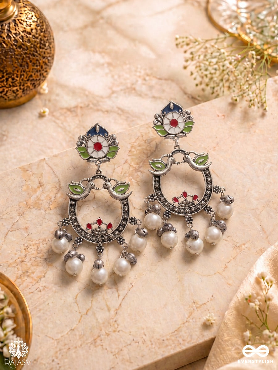 Birds Of Bliss - Oxidised Chandbali With Floral & Pearl Accents