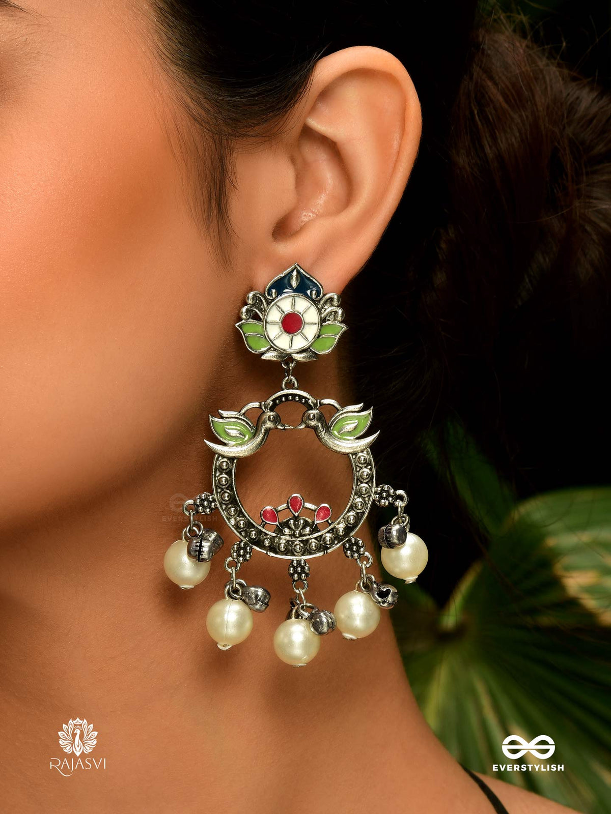 Birds Of Bliss - Oxidised Chandbali With Floral & Pearl Accents