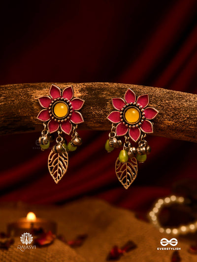 Desi Flora - Enamelled Oxidised Jodhpuri Jhumkas With Leaf Accents