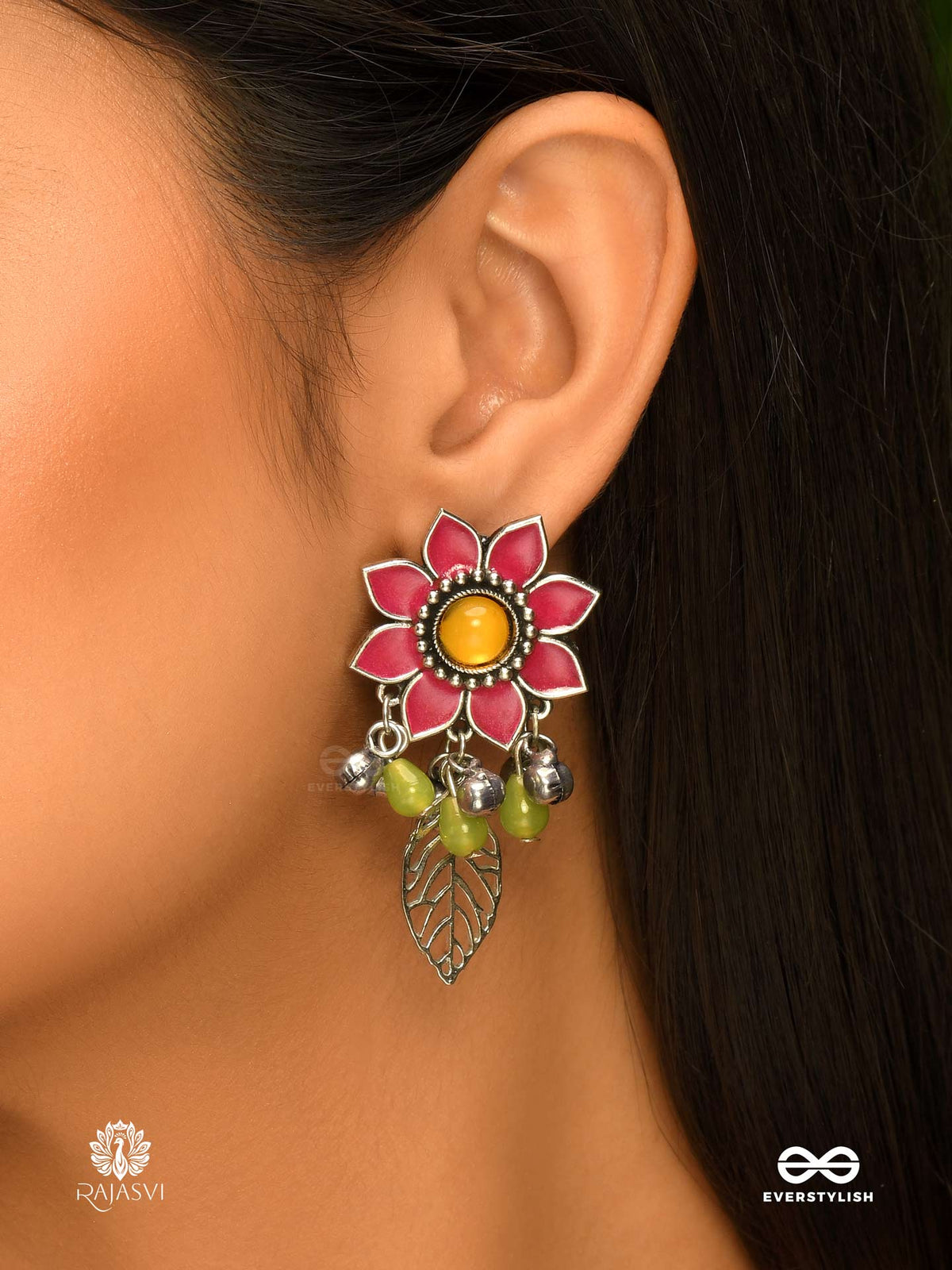 Desi Flora - Enamelled Oxidised Jodhpuri Jhumkas With Leaf Accents