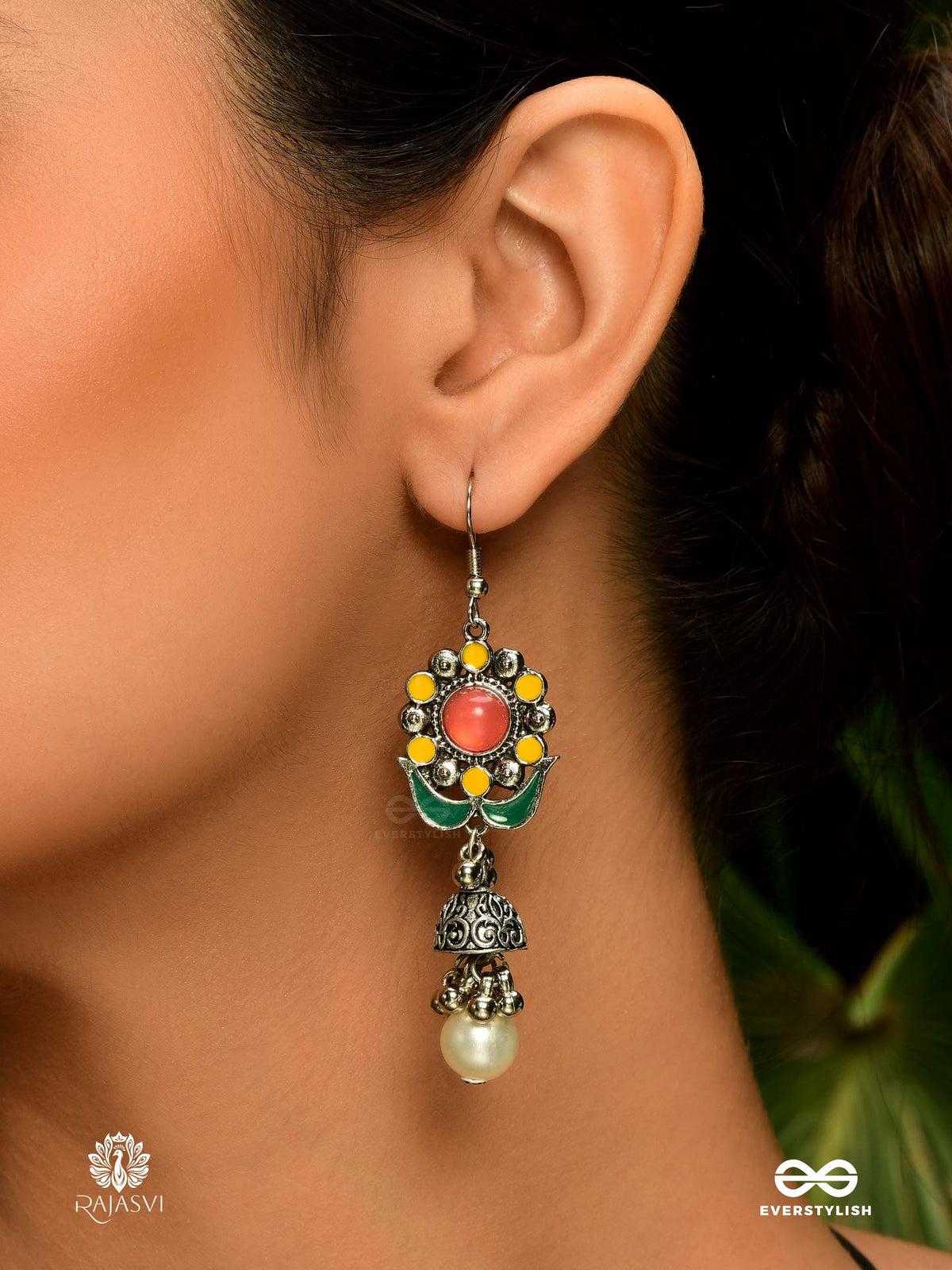 Bloom Burst - Floral Oxidised Jodhpuri Jhumkas With Pearl Drop