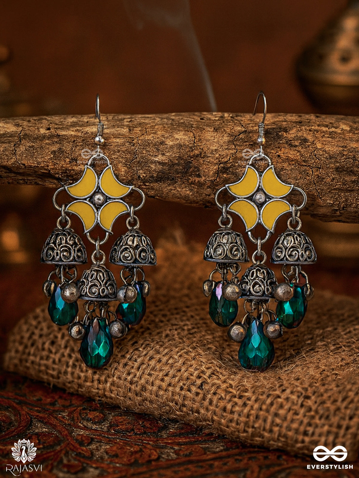 Sunburst Swing - Yellow Floral Enamel Oxidised Jodhpuri Jhumkas