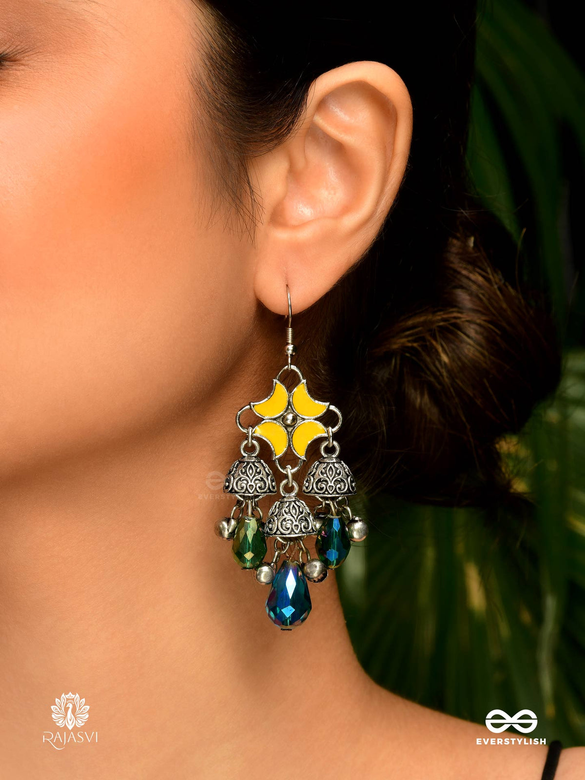 Sunburst Swing - Yellow Floral Enamel Oxidised Jodhpuri Jhumkas