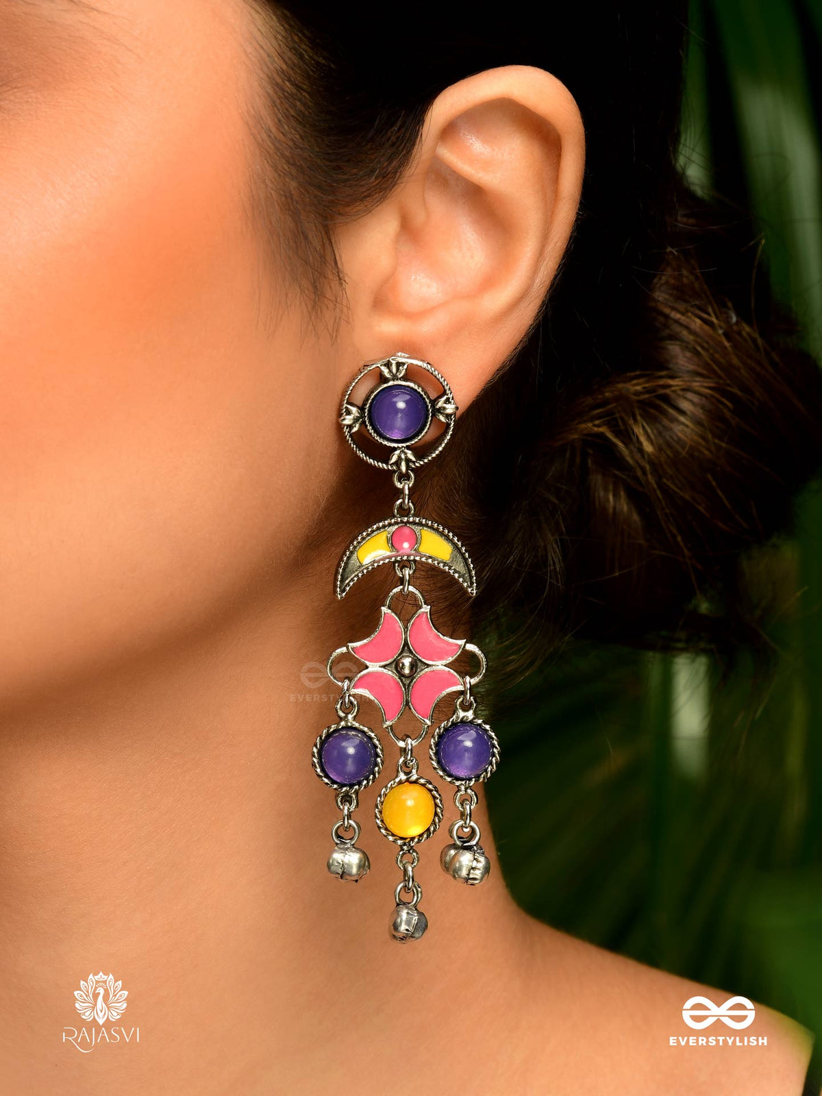 Cosmic Bloom - Multicoloured Oxidised Earrings With Floral Drops