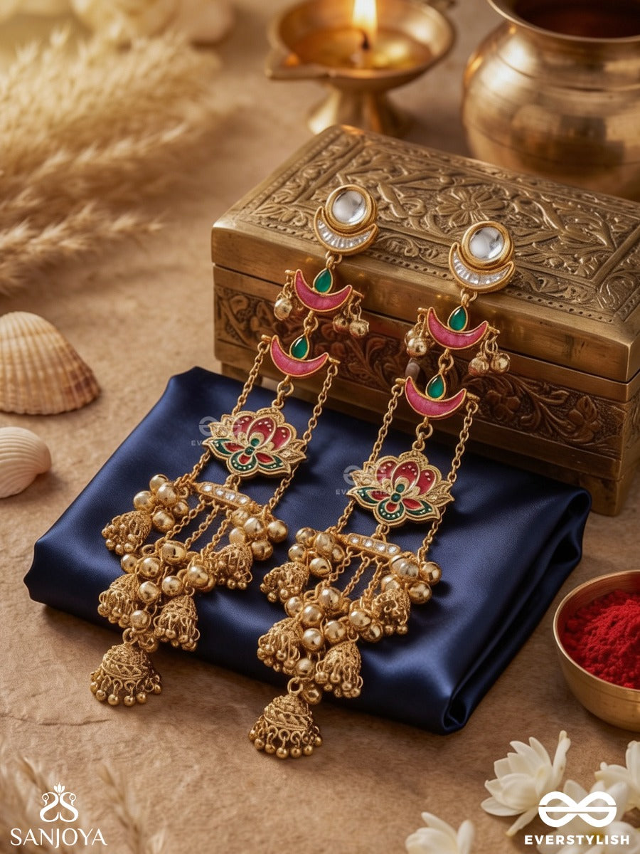 Kalyanika - Auspicious One - Traditional Ornate Lotus Kashmiri Chain Earrings With Multi-Layer Bead Work