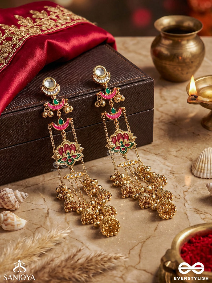 Kalyanika - Auspicious One - Traditional Ornate Lotus Kashmiri Chain Earrings With Multi-Layer Bead Work