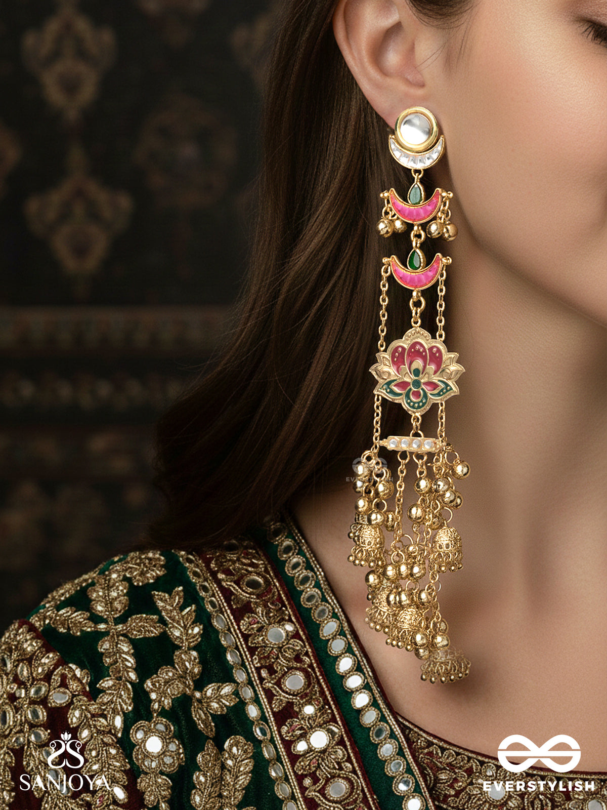 Kalyanika - Auspicious One - Traditional Ornate Lotus Kashmiri Chain Earrings With Multi-Layer Bead Work