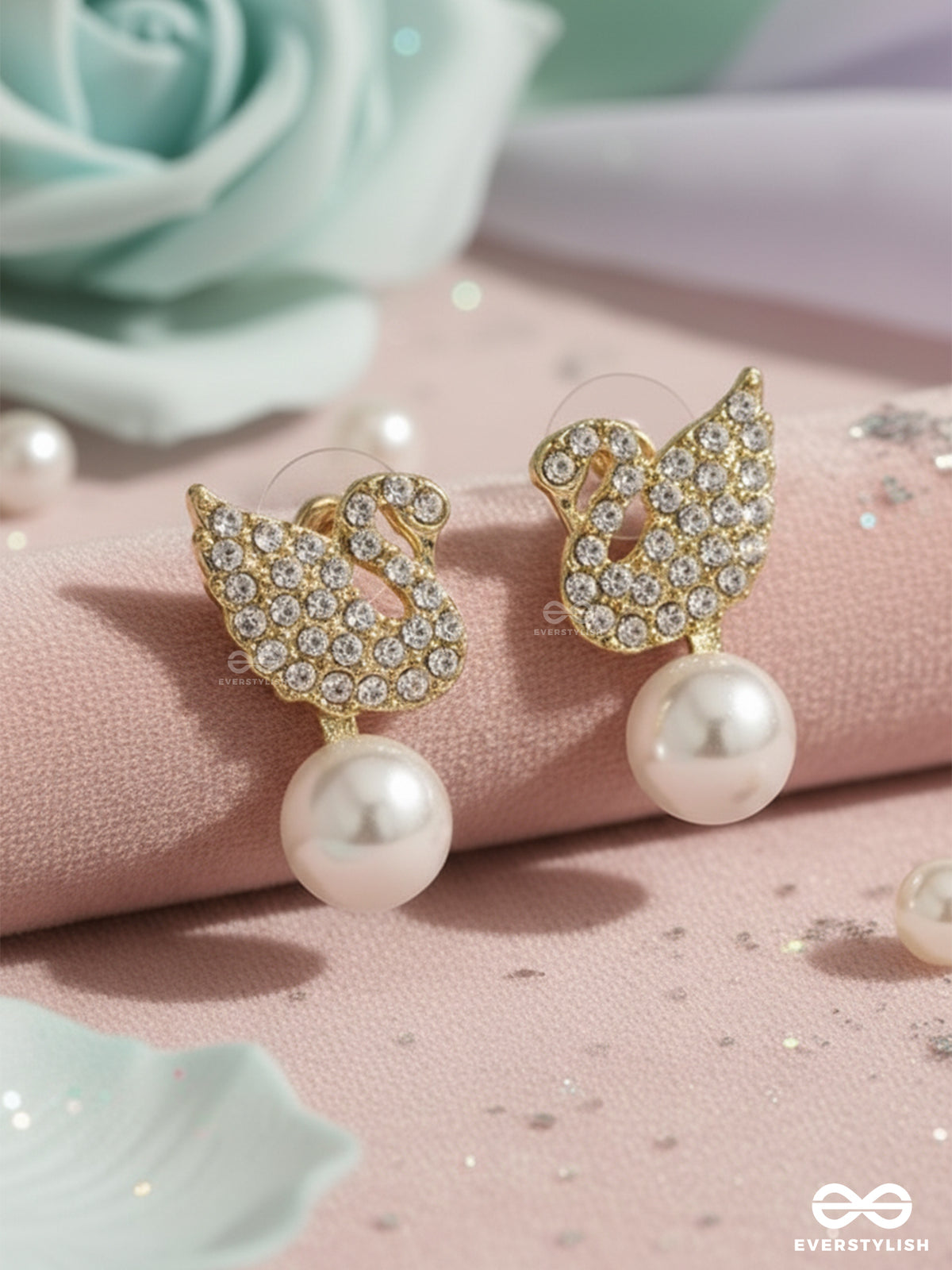 Celeste Swan - Radiant Winged Studs With A Classic Pearl Drop