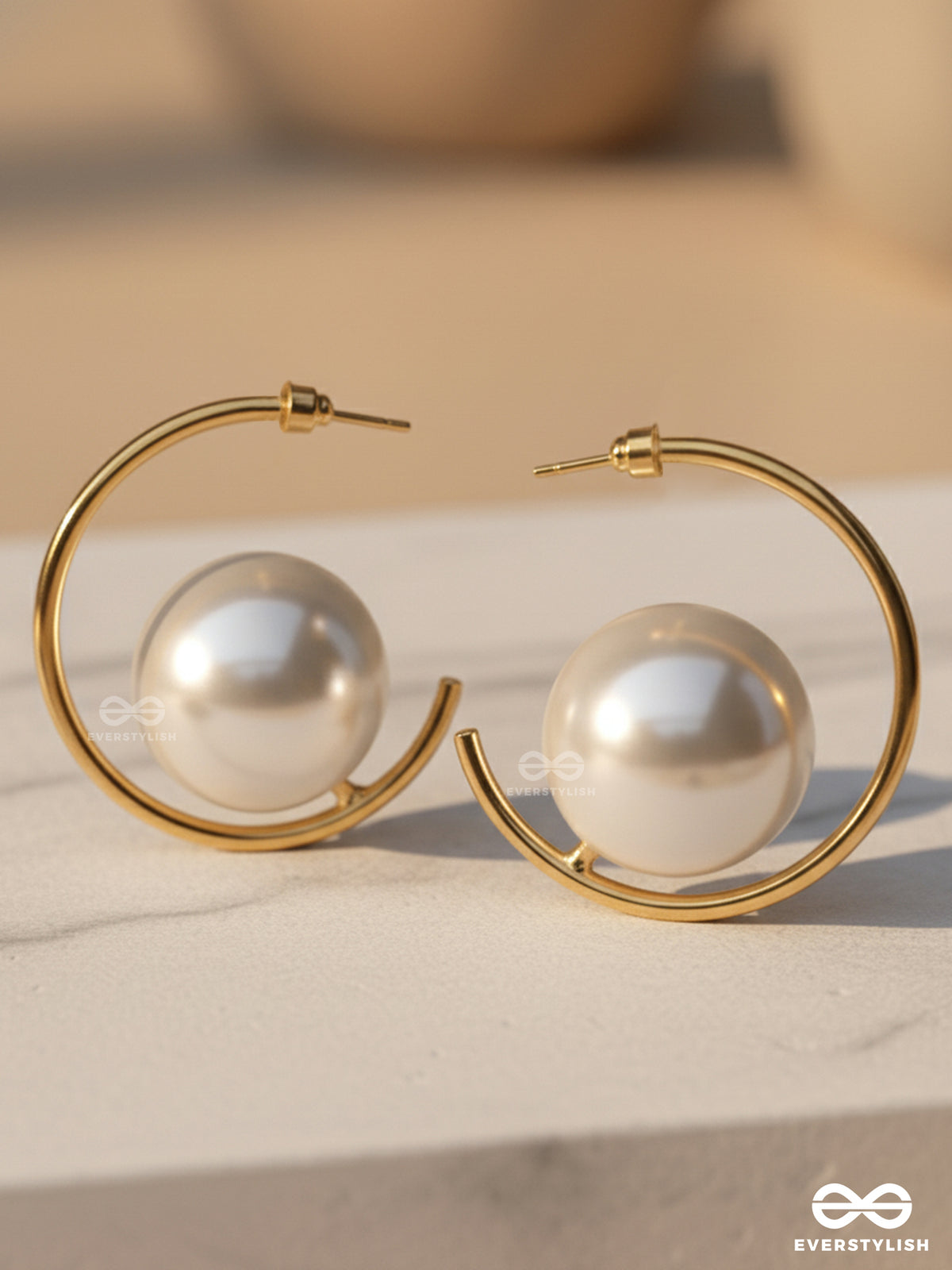 Lunar Loop - Modern Pearl Earrings In A Gold Hoop Design