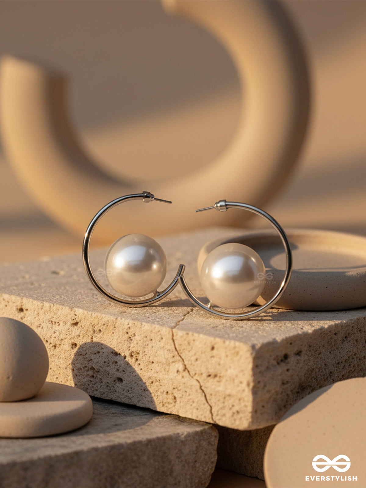 Lunar Loop - Modern Pearl Earrings In A Silver Hoop Design