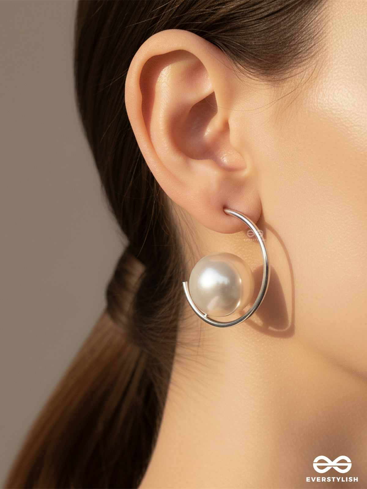 Lunar Loop - Modern Pearl Earrings In A Silver Hoop Design