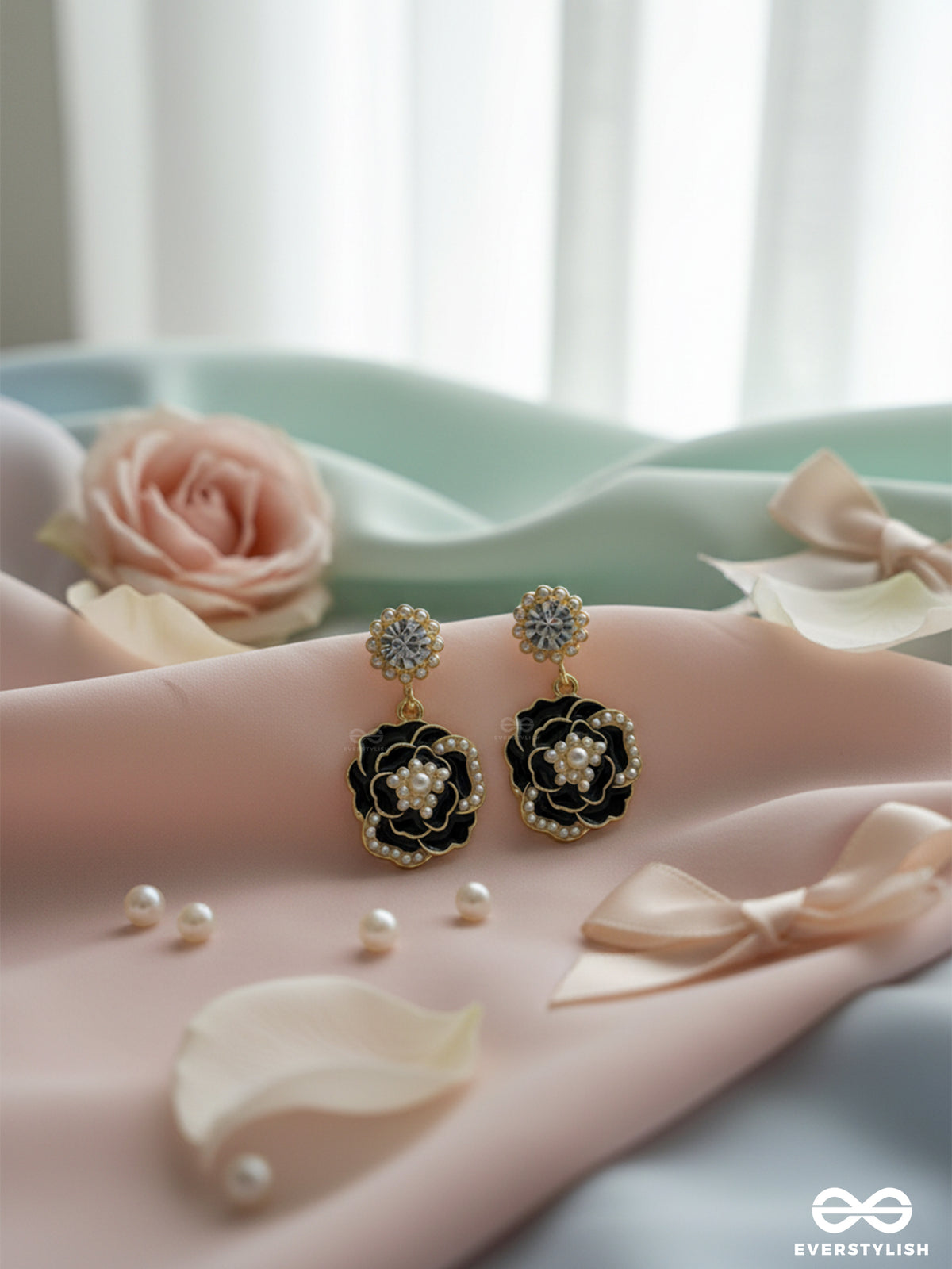 Midnight Rose - Statement Drop Earrings With Gold Trim