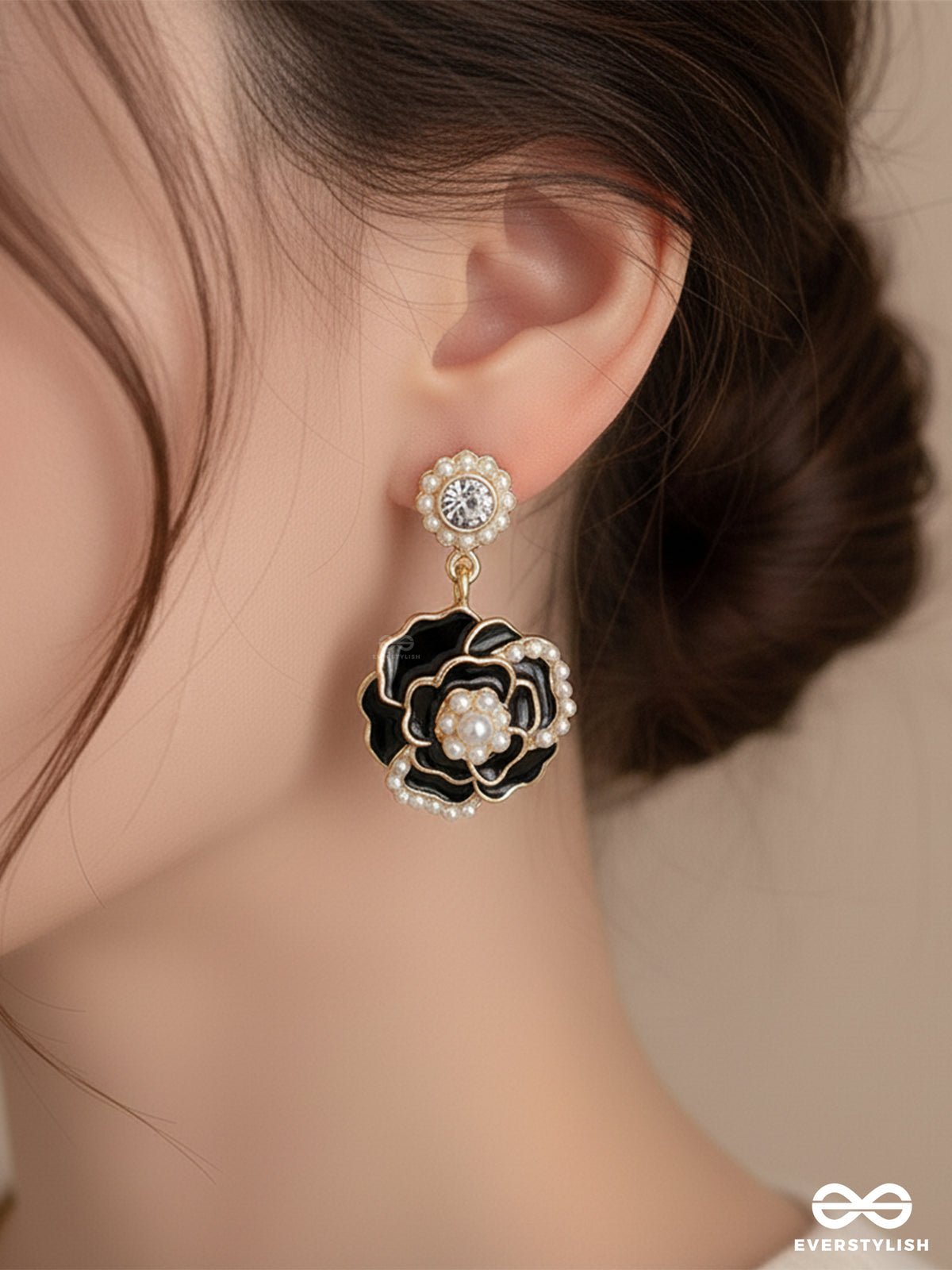 Midnight Rose - Statement Drop Earrings With Gold Trim