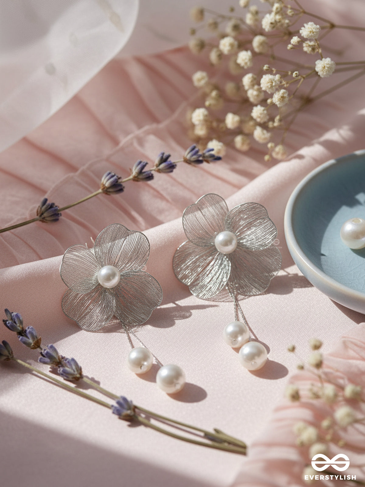Petal Cascade - Silver Floral Earrings With Pearl Drops