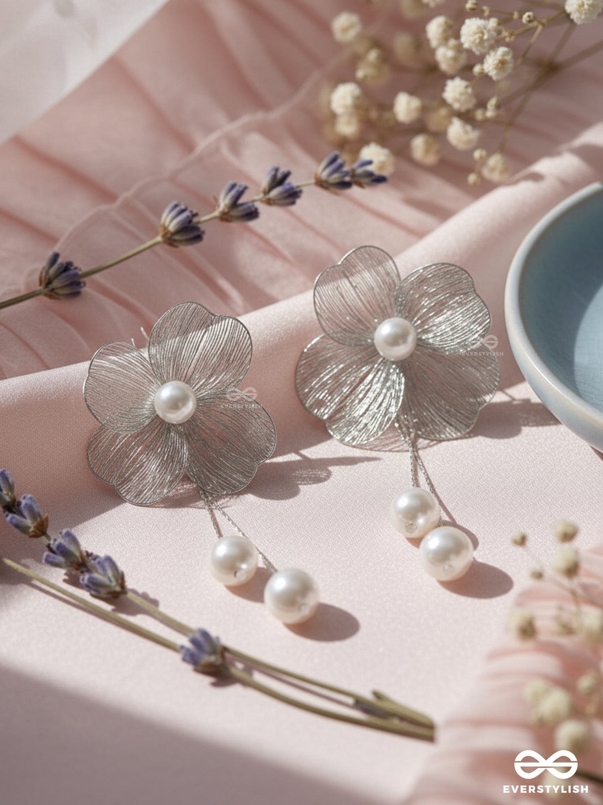 Petal Cascade - Silver Floral Earrings With Pearl Drops