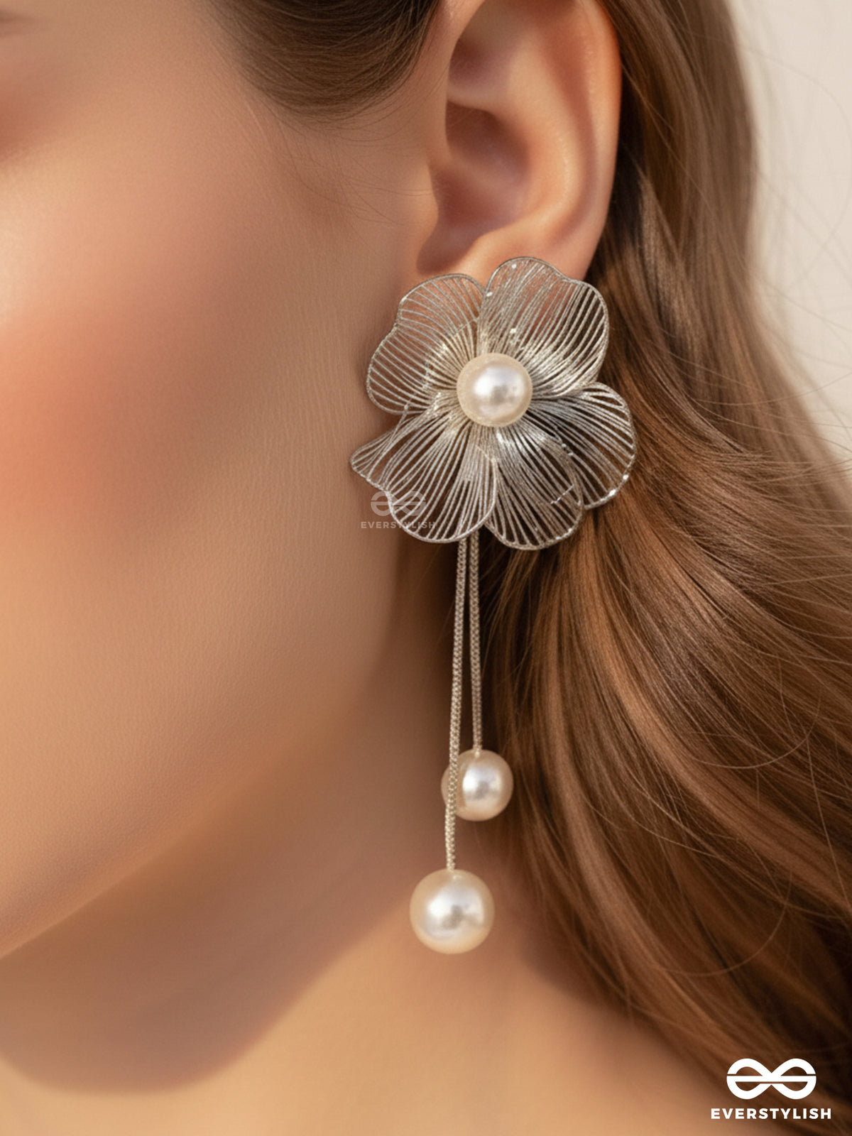 Petal Cascade - Silver Floral Earrings With Pearl Drops